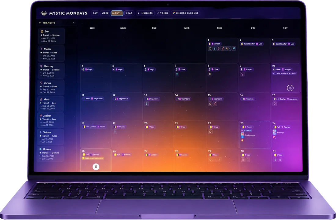 The Coven planner open on a laptop, showing a month of astrology events